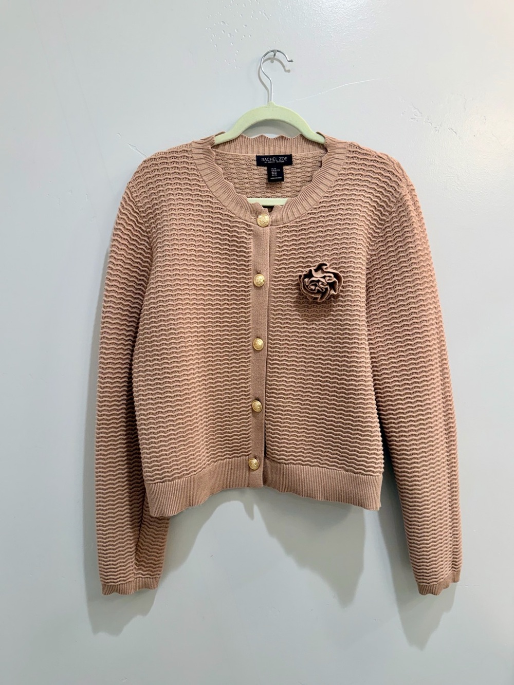 Rachel Zoe Rosette Wavy Knit Cardigan Sweater Women’s XL Tan Gold Lion Button - Picture 2 of 10